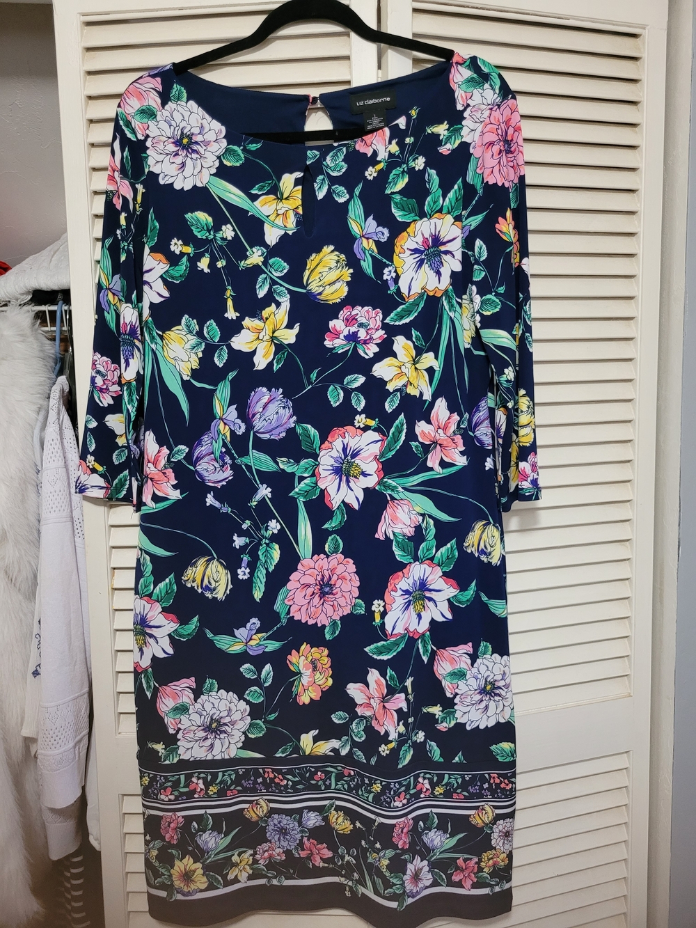 Liz Claiborne Navy Floral Long Sleeve Shift Dress